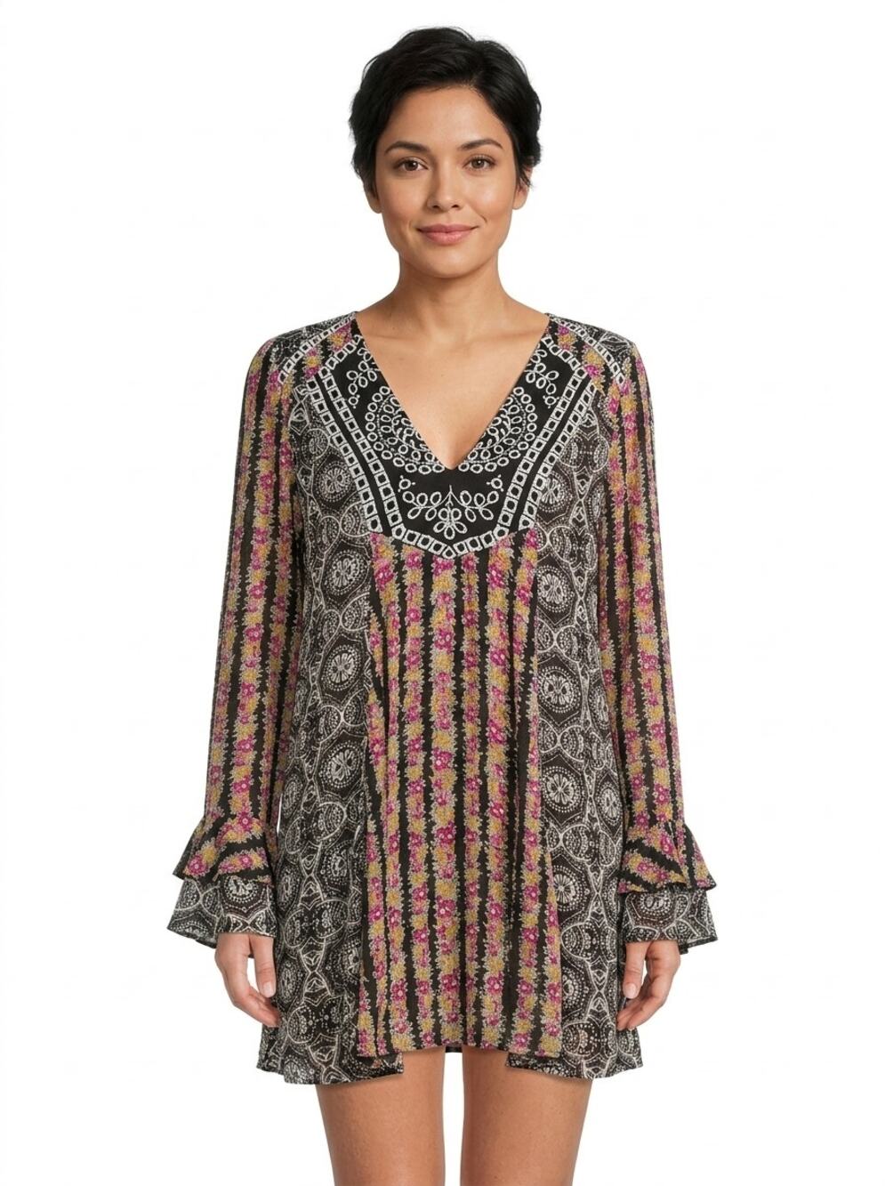 Free People Metal Mini Ruffle Embroidered Tunic Dress Women Size M